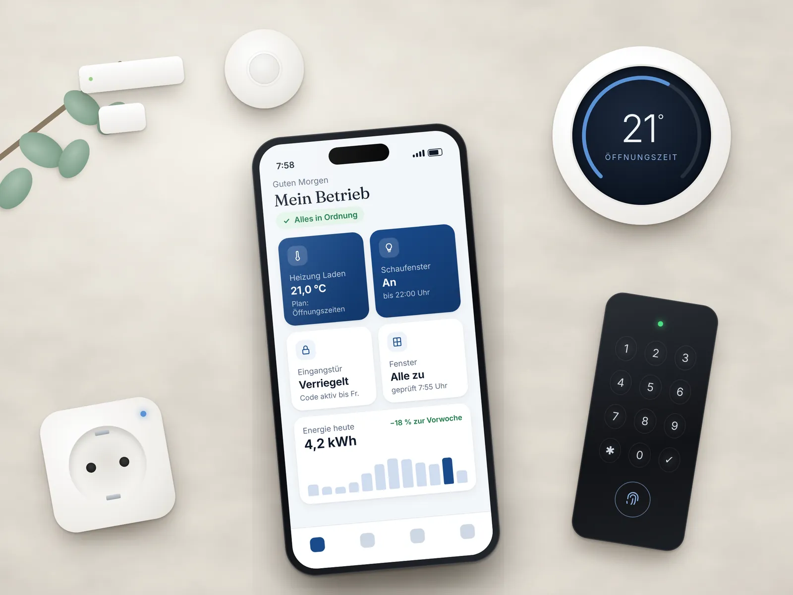 Smart-Home-Geräte von oben: Smartphone mit Steuerungs-App, Thermostat, Türschloss-Tastatur, Zwischenstecker, Tür- und Bewegungssensor