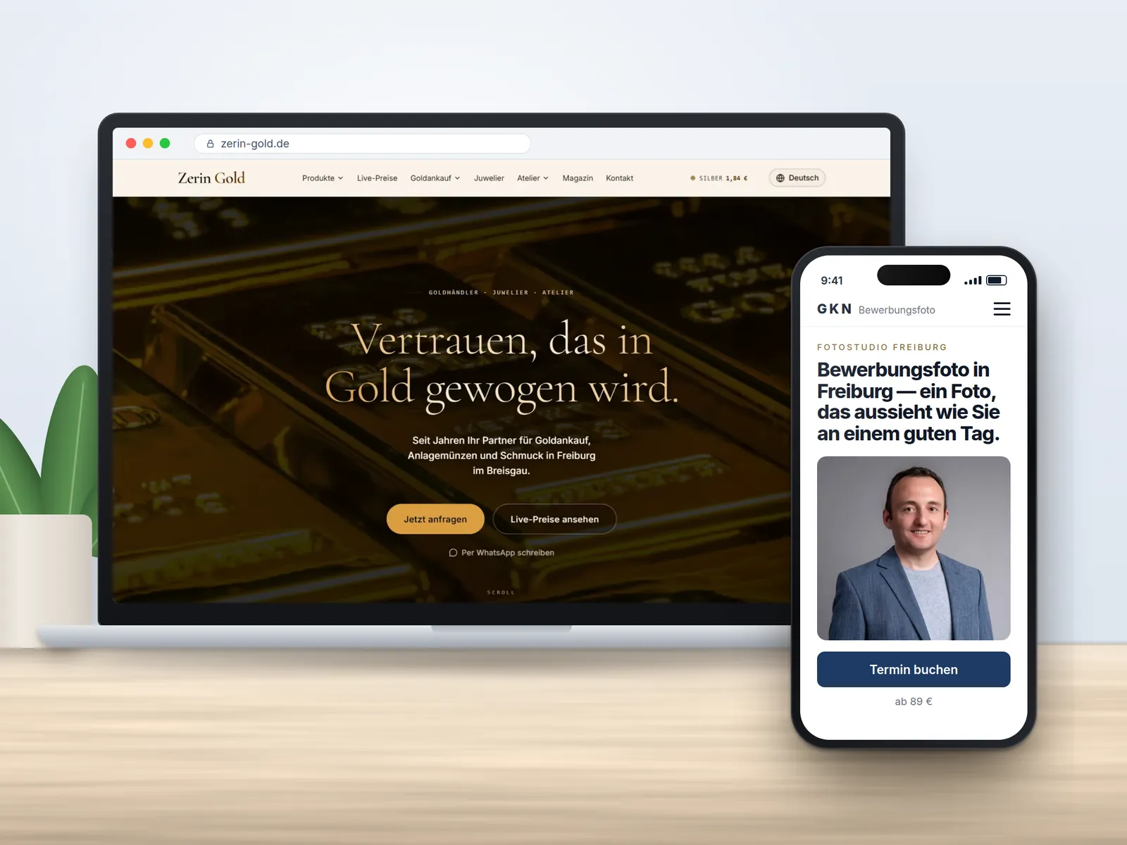 Kundenwebsite von Zerin Gold auf einem Laptop und die mobile Website von GKN Bewerbungsfoto auf einem Smartphone